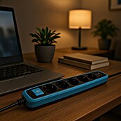 Electraline Base de enchufe múltiple con USB Gummy (5, Negro/Azul, Longitud del cable: 2 m)