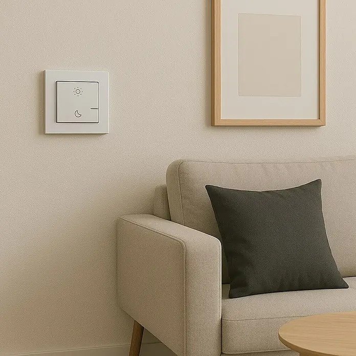Legrand Valena Next with Netatmo Conmutador Día/Noche - Blanco, Montaje en la pared - Primer plano de un interruptor de luz inteligente con símbolos de sol y luna en la pared sobre un sofá beige, diseño moderno.