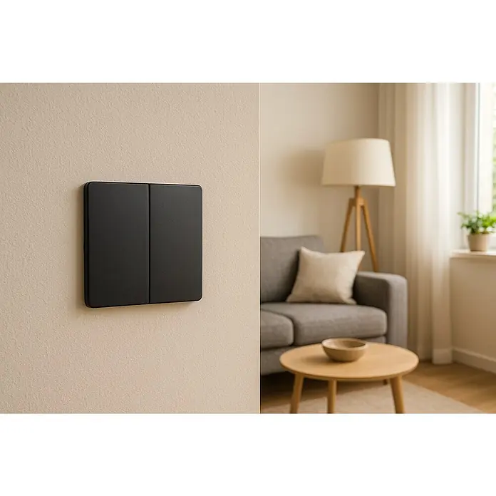 Simon 82 Mecanismo de conmutador doble Concept - Gris, Plástico, IP20 - Primer plano de un interruptor de luz doble en un espacio habitable moderno, que muestra un diseño y una funcionalidad minimalistas.