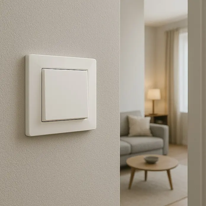 Simon 10 Pulsador - Blanco, Montaje en superficie, 10 A - Primer plano de un interruptor de luz blanco en una pared tintada, que muestra funcionalidad y diseño minimalista en un interior moderno.