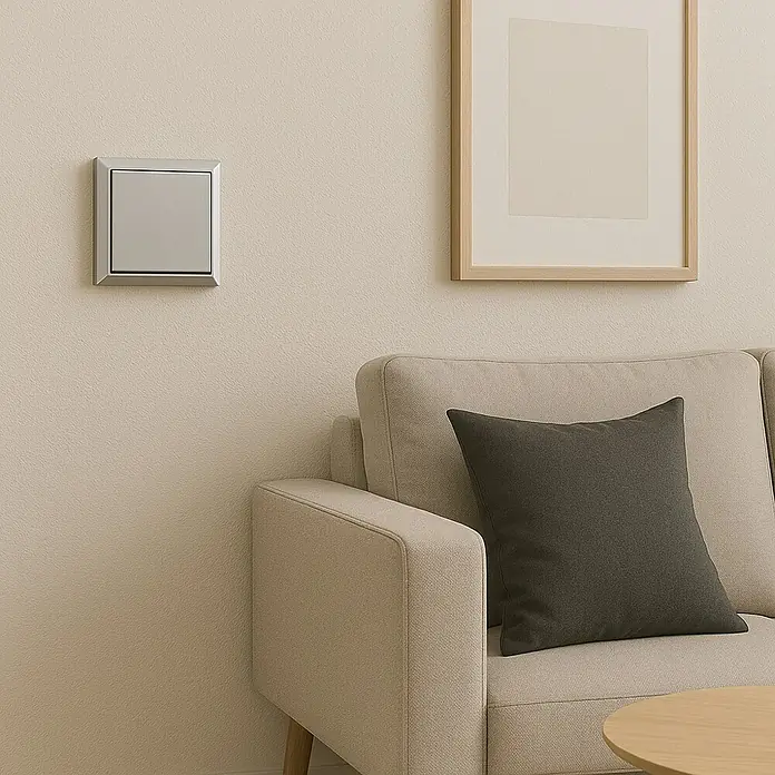 Fontini BF-25 Conmutador Monoblock - Aluminio, Montaje en superficie - Imagen de un moderno interruptor de luz plateado en una pared beige, junto a un marco de madera clara y un sofá beige con almohada.
