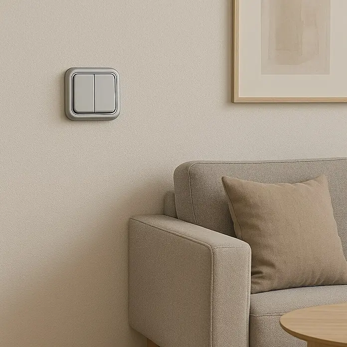 Fontini BF-18 Interruptor/Conmutador doble - Aluminio, Plástico, Colocar - Primer plano de un interruptor de luz doble gris en una pared color crema, situado junto a un sofá y un cuadro enmarcado.