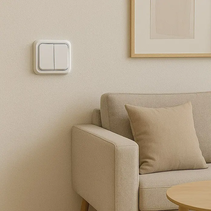 Fontini BF-18 Interruptor/Conmutador doble - Blanco, Plástico, Colocar - Interruptor de luz doble de pared en una habitación luminosa con sofá beige y cuadro enmarcado.