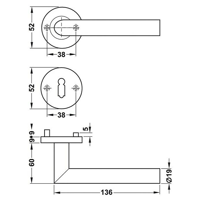 Zimmertürgarnitur (Türstärke: 38 - 42 mm, Buntbart BB, Edelstahl, Form Drücker: Gerade)