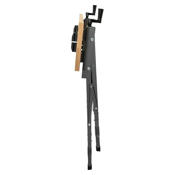 Werkbank Klappbar - L x B: 63,5 x 60,6 cm, Arbeitshöhe: 76 cm, Belastbarkeit: 150 kg - Bild einer zusammengeklappten Werkbank in Grau mit Holzplatte und schwarzen Griffen. Ideal für platzsparende Aufbewahrung.
