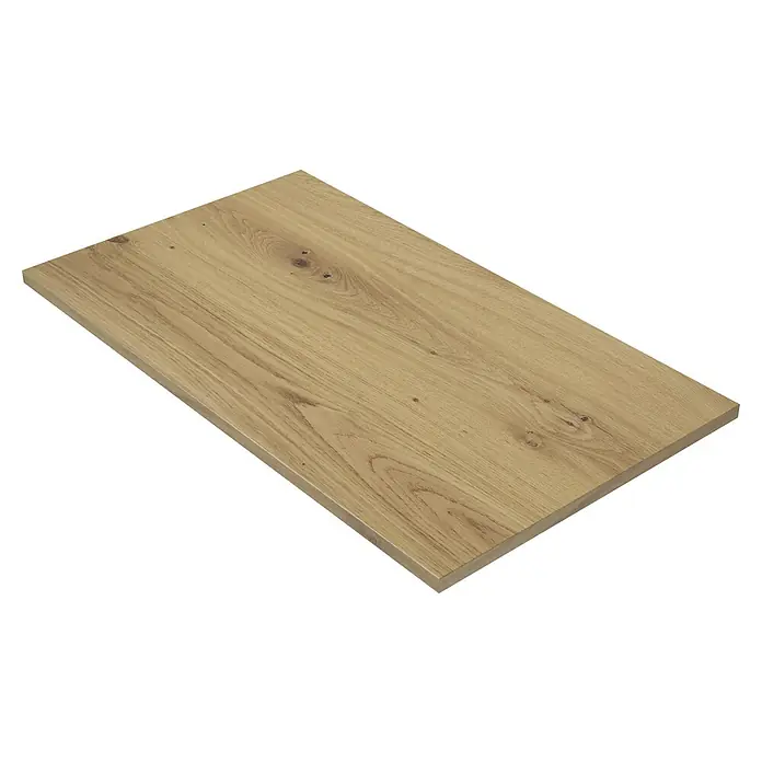 Conjunto de mueble de baño Línea - Roble, 5 pzs. - Primer plano de una encimera de madera de roble claro con vetas y nudos, ideal para la fabricación de muebles o el diseño de interiores.