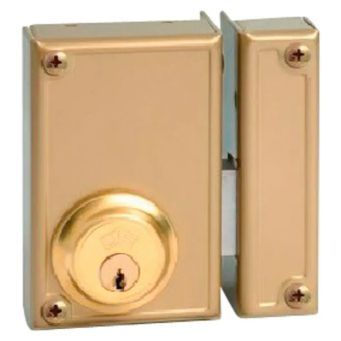 JiS Cerradura con cerrojo 33-7 - Tipo de bloqueo: Cerradura de bombín, DIN-Izquierda, Puerta exterior - Cerradura de caja de color dorado con ojo de cerradura y cuatro tornillos para una fijación segura en la puerta.