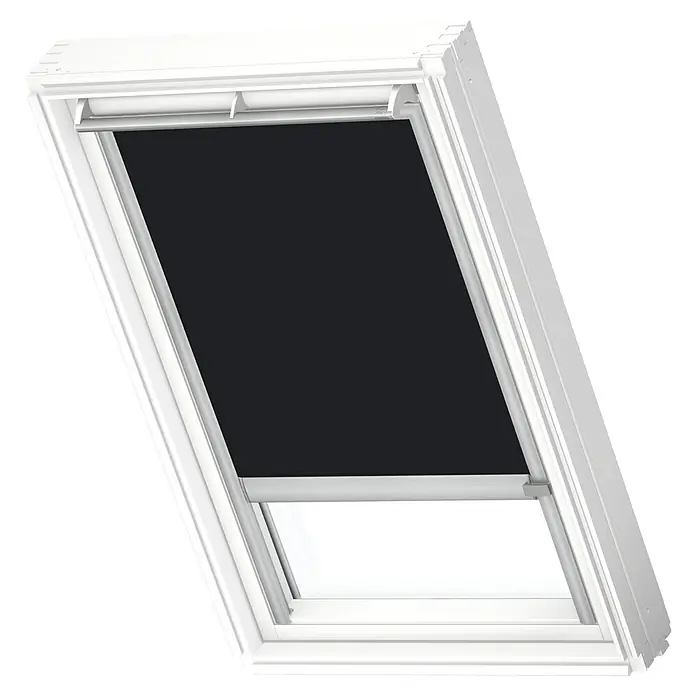 Velux Dachfensterrollo DSL F04 3009K - Farbe: Schwarz - 3009K, Farbe Schiene: Aluminium, Solarbetrieben - Ein weißes Dachfenster mit einem verdunkelnden Rollo, das für Privatsphäre und Dunkelheit im Raum sorgt. Ideal für Schlafzimmer oder Arbeitszimmer.
