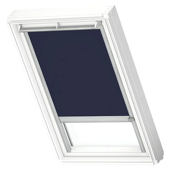 Velux Dachfensterrollo DSL P06 1100K - Farbe: Dunkelblau - 1100K, Farbe Schiene: Aluminium, Solarbetrieben - Dachfenster mit Verdunkelungsrollo in geschlossenem Zustand, das für Privatsphäre und Dunkelheit im Raum sorgt. Ideal für Schlafzimmer.