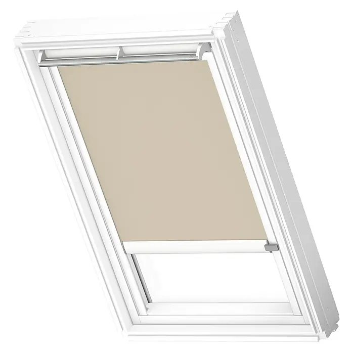 Velux Dachfensterrollo DSL M10 4556KWL - Farbe: Sandbeige - 4556KWL, Farbe Schiene: Weiß, Solarbetrieben - Dachfenster mit beigefarbenem Rollo, das für Privatsphäre sorgt und Licht reguliert. Ideal zur Verdunkelung des Raumes.