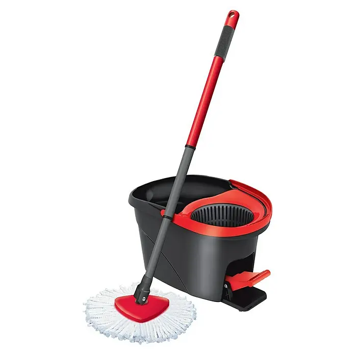 Vileda Easy Wring+Clean Wischmop-Set - Mikrofaser, 4 -tlg. - Ein roter und schwarzer Spin-Mopp und Eimer-Set für die Reinigung von Böden mit einem Pedal zum Auswringen des Mopps.