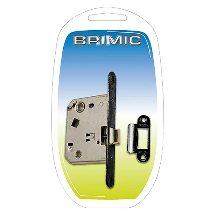 Micel Brimic Resbalón PCT2 - L x An x Al: 166 x 72 x 22 mm, Acero, Negro - Primer plano de una cerradura de puerta Brimic en su embalaje de plástico transparente.