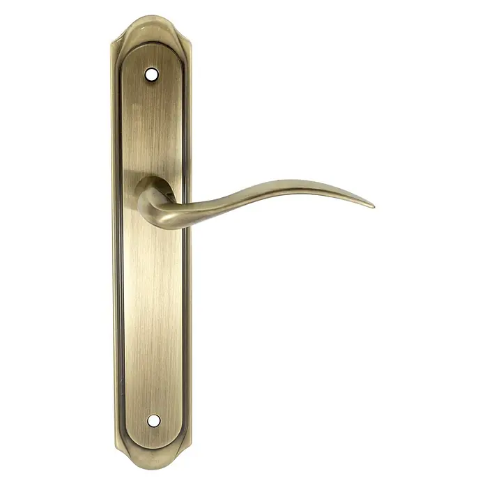 Micel Conjunto de picaporte 919 - Cuero - Elegante manija de puerta con acabado en bronce, con palanca curva y placa alargada, ideal para puertas interiores.