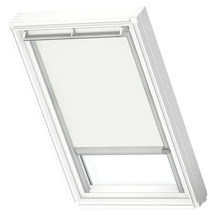 Velux Dachfensterrollo RSL SK08 1028K - Farbe: Weiß - 1028K, Farbe Schiene: Aluminium, Solarbetrieben - Das Bild zeigt ein Dachfenster mit einem weißen Rollo, das teilweise heruntergelassen ist und für eine angenehme Lichtregulierung sorgt.