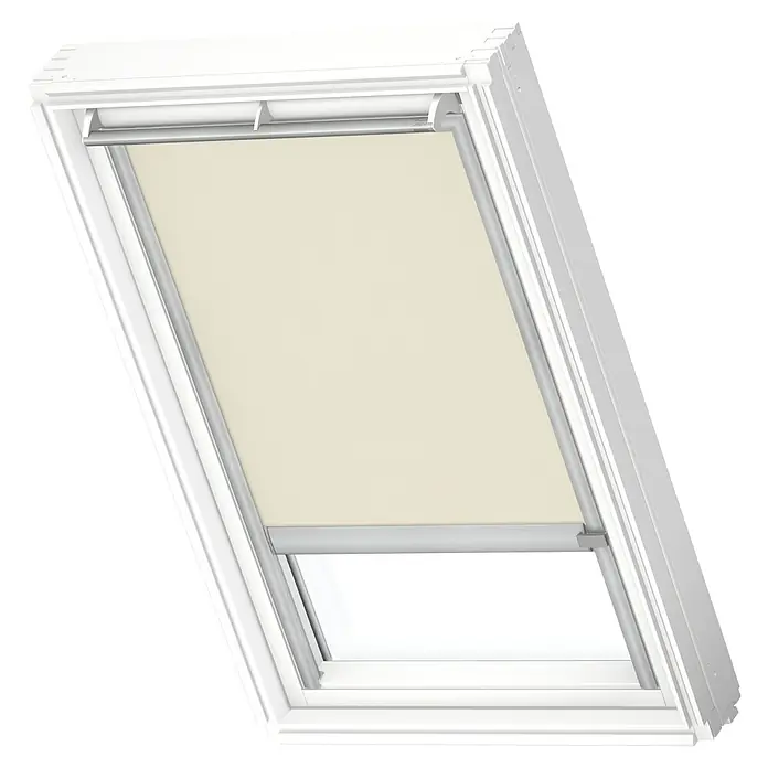 Velux Dachfensterrollo RSL MK12 1086K - Farbe: Hellbeige - 1086K, Farbe Schiene: Aluminium, Solarbetrieben - Das Bild zeigt ein Dachfenster mit einem cremefarbenen Rollo, das teilweise heruntergelassen ist und für eine angenehme Lichtfilterung sorgt.