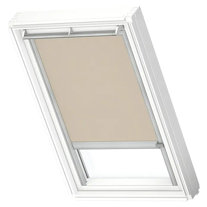 Velux Dachfensterrollo RSL S08 4155K - Farbe: Sandbeige - 4155K, Farbe Schiene: Aluminium, Solarbetrieben - Ein Dachfenster mit einem beigen Rollo, das für Privatsphäre und Sonnenschutz sorgt, ideal für jedes Zuhause.