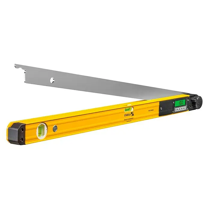 Stabila Digitaler Winkelmesser - Länge: 45 cm, Anzahl Libellen: 2 Stk. - Eine elektronische Wasserwaage mit einem digitalen Display, das "10.0" anzeigt, und einer ausklappbaren Metallschiene zur Messung von Winkeln.