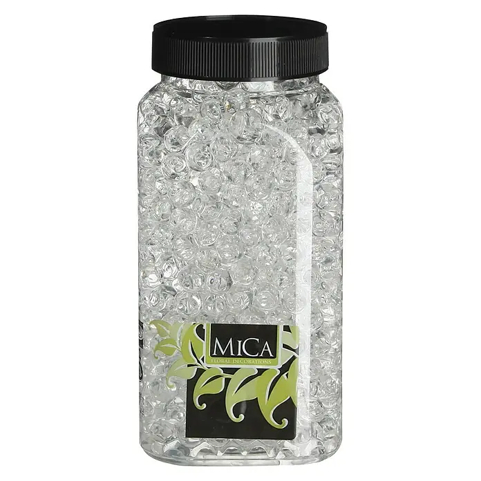 Mica Decorations Perlas decorativas de gel - Transparente, 650 ml - Un recipiente de vidrio lleno de cuentas de cristal Mica para decoraciones florales con tapa negra, perfecto para jarrones y centros de mesa.