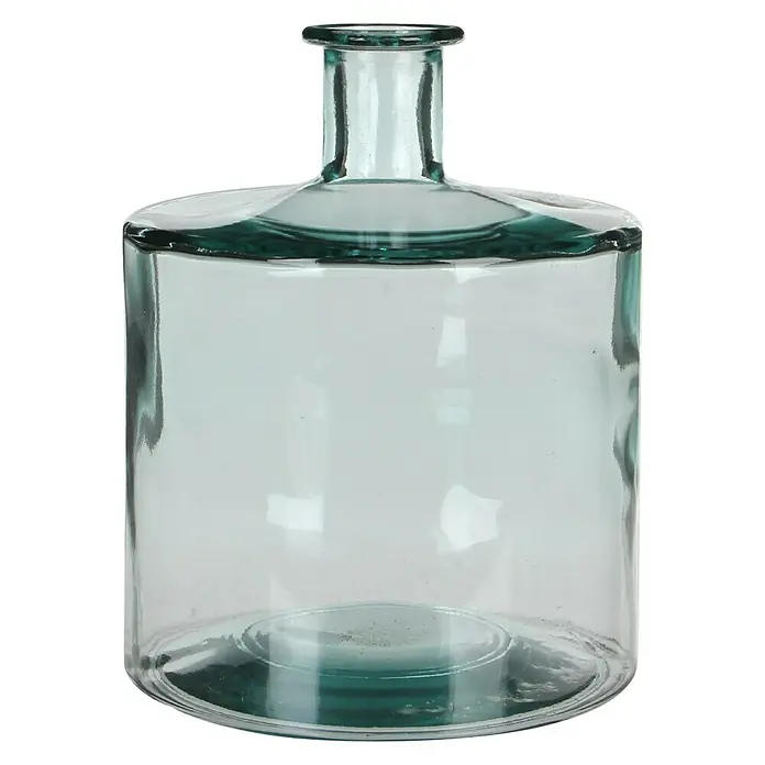 Jarrón Guan - Ø x Al: 21 x 26 cm, Vidrio, Transparente - Primer plano de un jarrón cilíndrico de vidrio transparente con cuello esbelto y tapa plana ancha, mostrando su diseño simple y elegante.