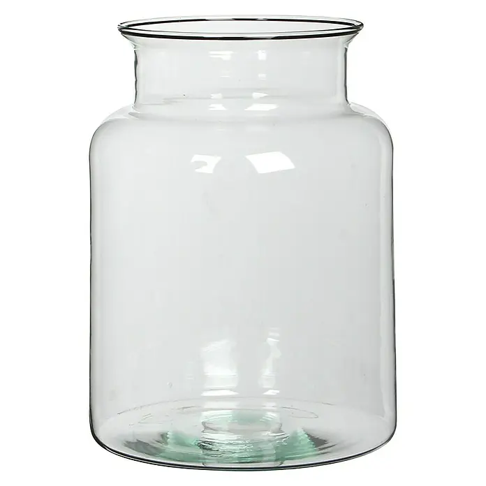 Jarrón Mathew - Ø x Al: 19 x 25 cm, Vidrio, Transparente, Redonda - Recipiente de vidrio transparente con forma cilíndrica ancha y cuello más estrecho. El recipiente presenta una base gruesa y un borde negro en la parte superior.