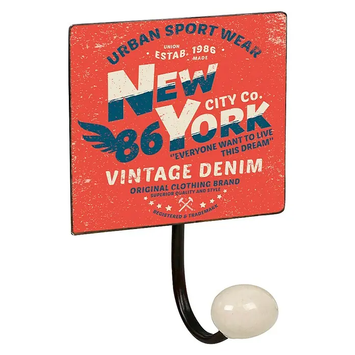Nesu Gancho para colgar New York - Número de ganchos: 1 ud., L x An x Al: 10 x 15,5 x 7 cm - Un gancho de pared con un motivo de estilo vintage de la ciudad de Nueva York. Ideal para añadir un toque urbano a la decoración.