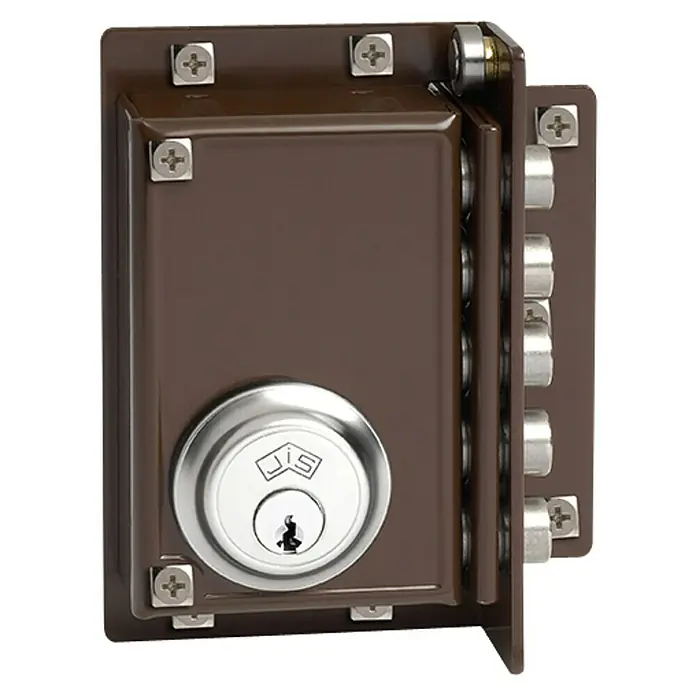 JiS Cerradura con cerrojo 239 - Tipo de bloqueo: Cerradura de bombín, DIN-Izquierda, Puerta exterior, Marrón - Primer plano de una cerradura de puerta JIS marrón con cilindro y tornillos plateados. Proporciona alta seguridad.