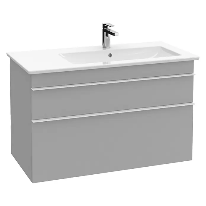 Villeroy & Boch Venticello Einbauwaschbecken - 100 x 50 cm, Ohne Spezialglasur, Hahnloch: Mitte, Weiß, Ablagefläche: Links - Ein moderner grauer Waschtischunterschrank mit zwei Schubladen und einem Aufsatzwaschbecken mit Armatur. Elegantes Design für Badezimmer.