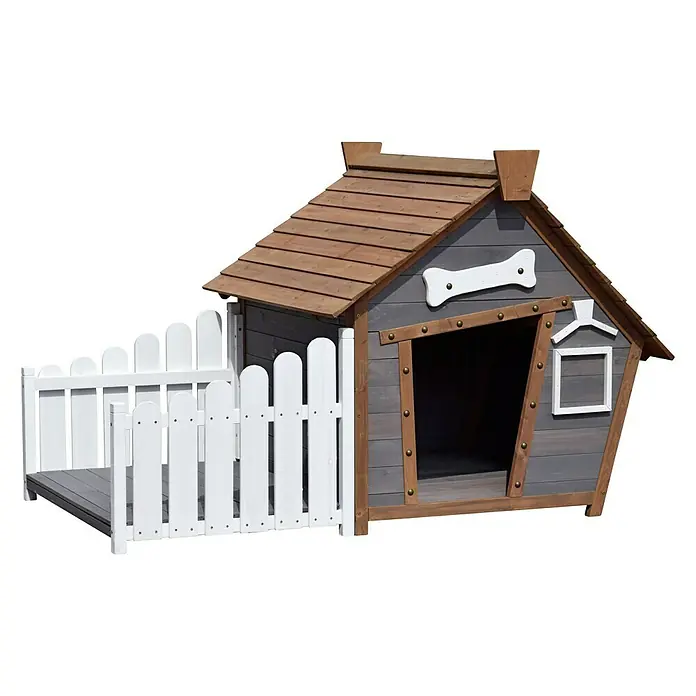 Dobar Hundehütte - 146,3 x 90 x 96 cm, Braun/Grau, Hemlocktanne - Stilvolles Hundehaus mit Zaun. Das Haus ist grau mit braunem Dach und einem Knochen-Detail über dem Eingang.