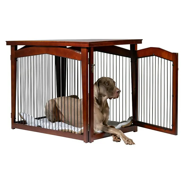 Dobar Hundekäfig - 101 x 71 x 80 cm, Geeignet für: Hunde - Ein brauner Hund liegt in einem Holzkäfig mit Gitterstäben. Der Hund genießt den Komfort in seinem stilvollen Hundemöbel.