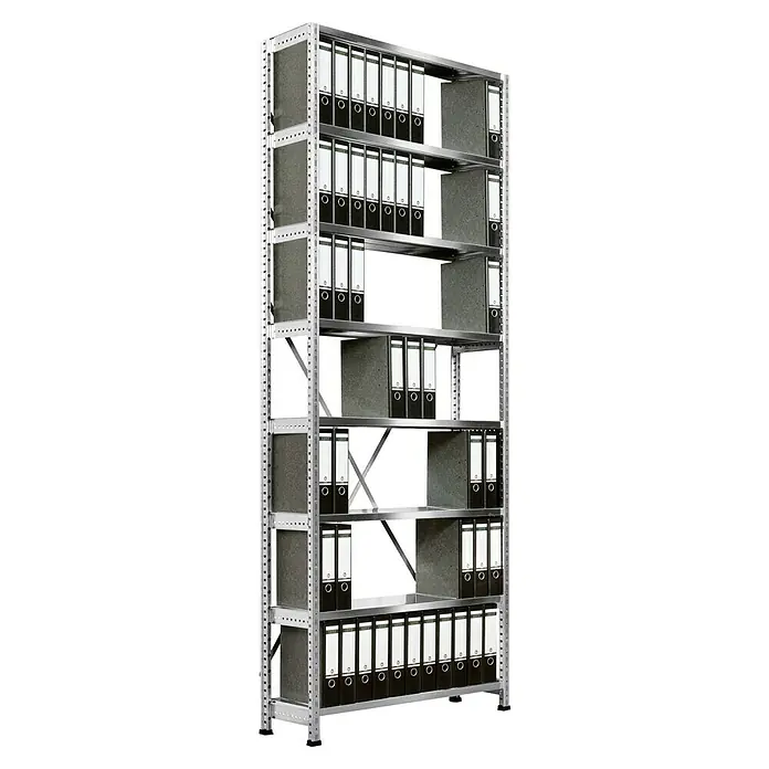 Scholz Aktenregal Grundelement - H x B x T: 264 x 125 x 30 cm, Traglast pro Boden: 60 kg, Anzahl Böden: 8 Stk., Stecken, Silber - Dieses Bild zeigt ein Regal mit mehreren Ordnern. Das Regal besteht aus grauem Metall und hat mehrere Ablageflächen.