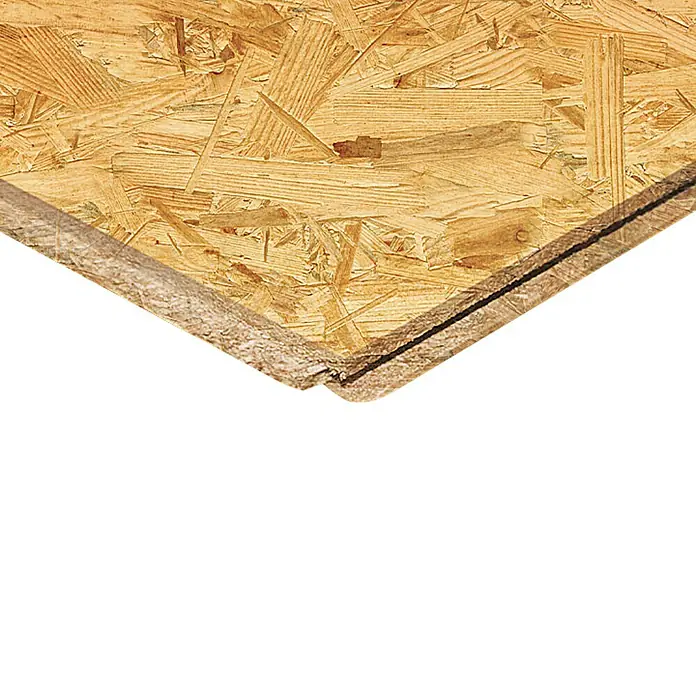 OSB-Verlegeplatte - 2.050 x 675 x 12 mm - Nahaufnahme einer OSB-Platte, die die Textur und Zusammensetzung des Holzwerkstoffs hervorhebt, ideal für Bau- und DIY-Projekte.