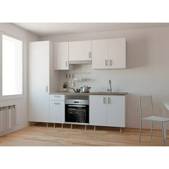 Top Element B Mueble bajo de cocina - An x Pr x Al: 80 x 58 x 70 cm, Blanco - La imagen muestra una cocina compacta y moderna equipada con armarios blancos, encimera efecto madera y horno empotrado en una habitación luminosa.
