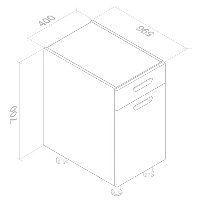 Top Element B Mueble bajo de cocina con cajón - An x Pr x Al: 40 x 58 x 70 cm, Blanco - Dibujo esquemático de un mueble bajo con cajones y dimensiones 400 x 596 x 700 mm para planificación de cocina.