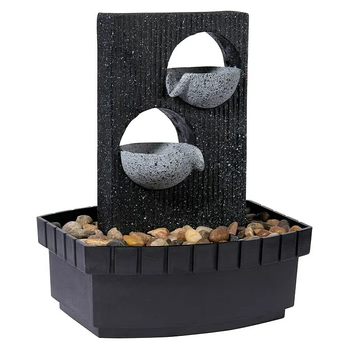 Dobar Gartenbrunnen - 20,5 x 16,5 x 26 cm, Kunststoff, Grau/Schwarz - Zimmerbrunnen mit zwei Schalen auf einer dunklen, mit Kieseln gefüllten Basis für eine beruhigende Atmosphäre.