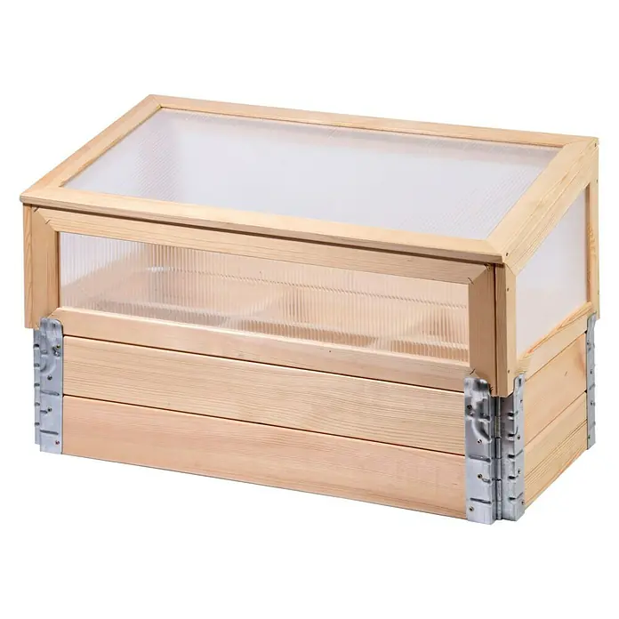 Dobar Hochbeet - 76 x 40 x 50 cm, Holz, Natur - Dieses Bild zeigt einen hölzernen Frühbeetkasten mit transparentem Deckel, ideal für den Gartenanbau. Die Konstruktion ist robust und funktionell.