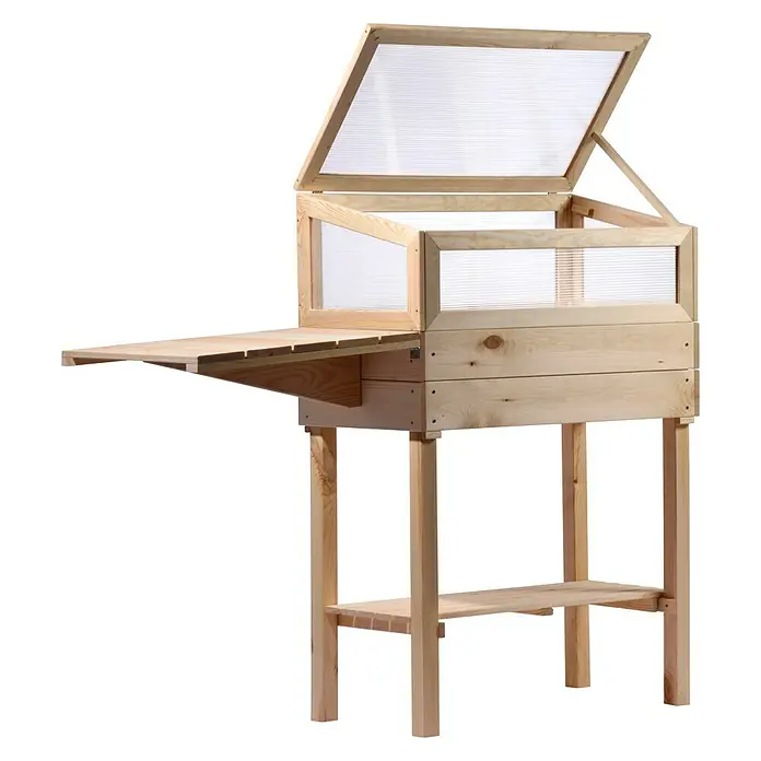 Dobar Hochbeet - 116 x 40 x 110 cm, Holz, Natur - Das Bild zeigt einen hölzernen Gartentisch mit einem kleinen Gewächshausaufsatz und einer ausklappbaren Arbeitsfläche.