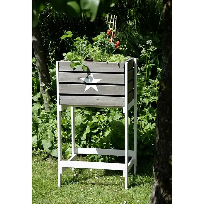 Dobar Hochbeet - 49 x 42 x 90 cm, Holz, Anthrazit - Hochbeet aus Holz mit Sternmotiv und weißen Beinen im Garten, bepflanzt mit Gemüse. Ein dekoratives und nützliches Gartenaccessoire.