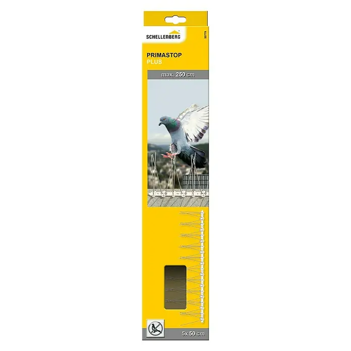 Schellenberg TaubenschutzL x B x H: 50 x 2,2 x 0,6 cm - Produktverpackung für Schellenberg Primastop Plus Vogelabwehr, mit Abbildung einer Taube und der Spikes zur Vogelabwehr.