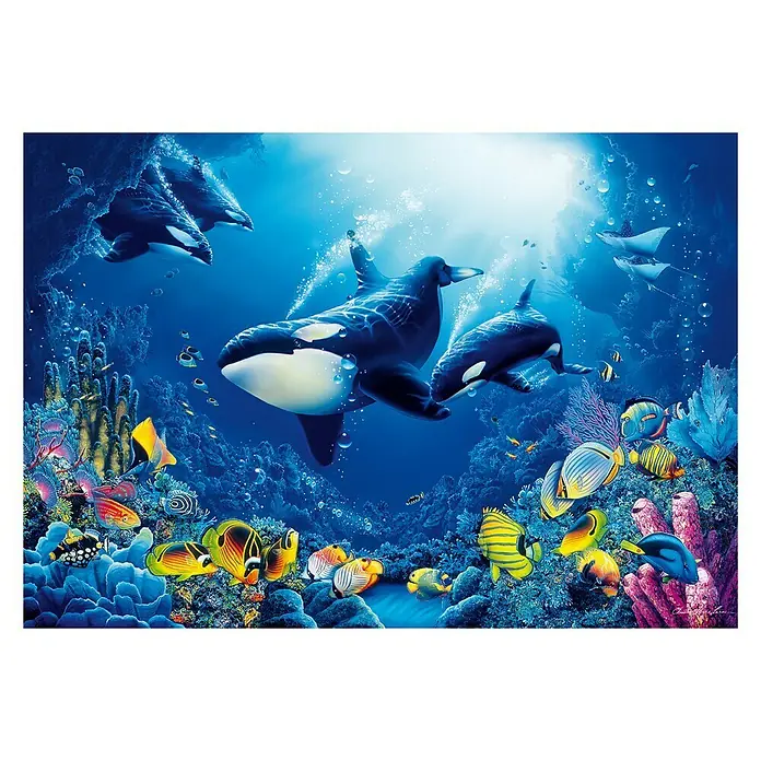 Fotomural Delight of life - An x Al: 366 x 254 cm, Papel - Puzzle submarino con orcas, corales y peces de colores, que invita a la exploración y aporta un toque marítimo a tu hogar.