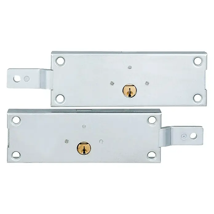 FAC Cerradura para persianas 35008 - L x An x Al: 212 x 60 x 42 mm, Apertura universal, 2 ud. - Dos cerraduras de embutir plateadas apiladas una encima de la otra, sobre una superficie blanca.