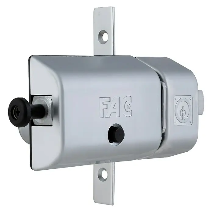 FAC Cerrojo UVE Magnet - L x An x Al: 169 x 40 x 29,5 mm, Cromado - Primer plano de un cerrojo para puerta FAC de color plateado.