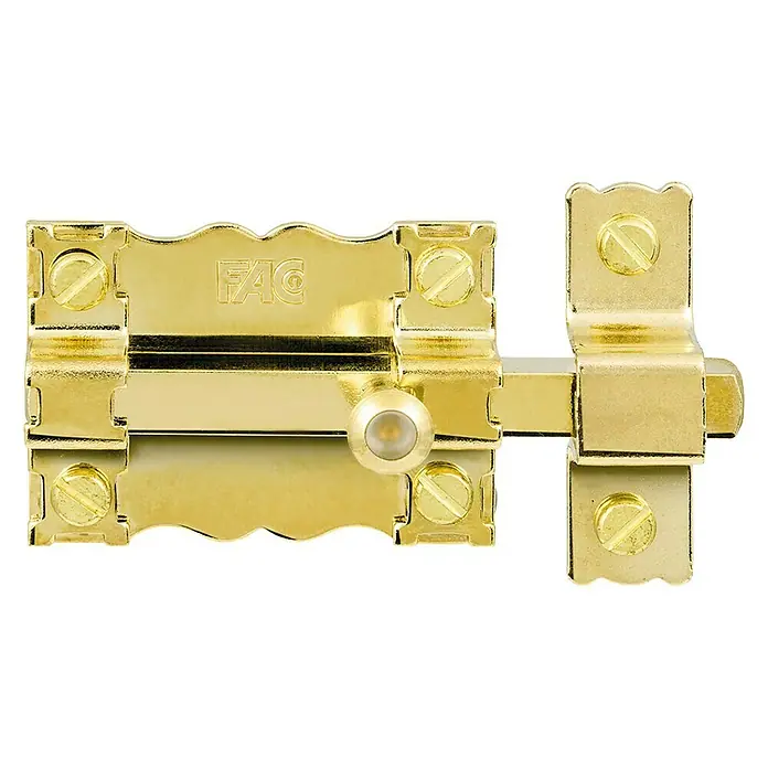 FAC Cerrojo 30-P/88 Dorado - L x An x Al: 142 x 117 x 40 mm - Pestillo corredizo de latón pulido con pomo, ideal para asegurar puertas o armarios.