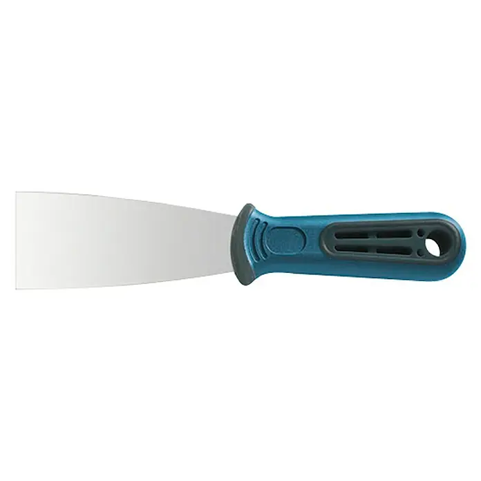 Espátula flexible - Ancho de hoja: 75 mm, Material espátula: Acero - Espátula con mango azul. La herramienta tiene una hoja ancha y plana para aplicar masilla.