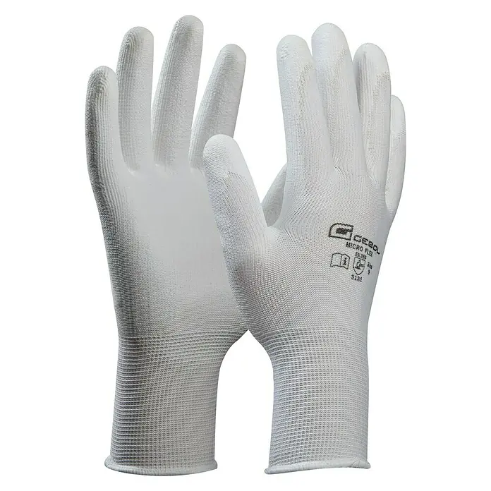 Gebol Guantes de trabajo Nano Flex - Talla del guante: 7, Gris - Primer plano de guantes de trabajo blancos "GEBOL Micro Flex", diseñados para trabajos de precisión y protección.