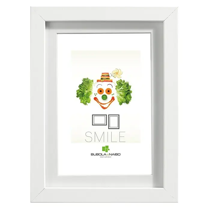 Marco de fotos Ennevi - 50 x 70 cm, Blanco, Vidrio - Marco de fotos blanco que muestra una imagen de un payaso vegetal, irradiando una sonrisa. Una decoración ideal para tu hogar.