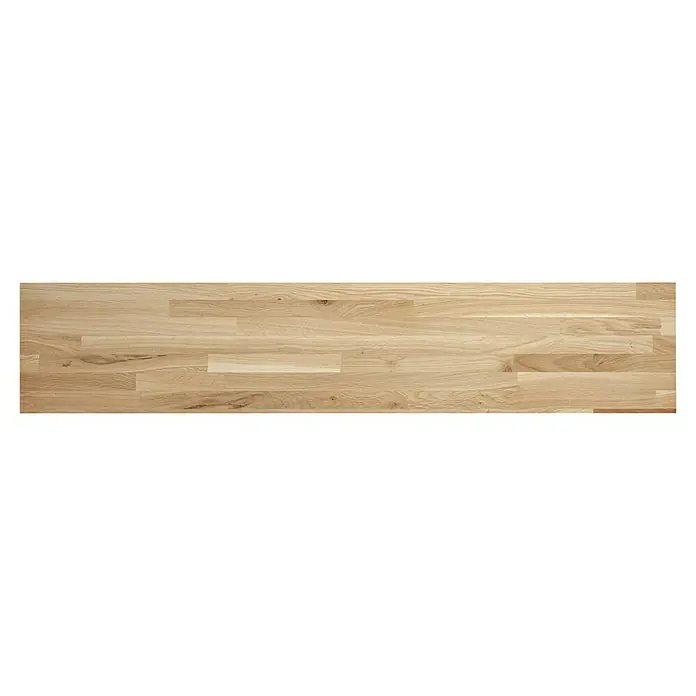 Exclusivholz Leimholzplatte Eiche slim - Eiche, Qualitätsstufe Leimholzplatte: B/C, 1.200 x 200 x 12,5 mm - Dieses Bild zeigt eine Arbeitsplatte aus hellem Holz mit einer klaren Maserung. Die Oberfläche ist glatt und weist eine natürliche Holzstruktur auf.