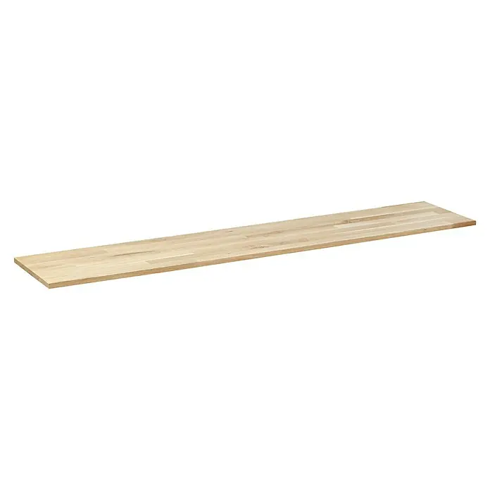 Exclusivholz Leimholzplatte Eiche slim - Eiche, Qualitätsstufe Leimholzplatte: B/C, 1.200 x 200 x 12,5 mm - Eine hellbeige Arbeitsplatte aus Holz. Die Platte hat eine glatte Oberfläche und eine rechteckige Form und ist ideal für Küchen oder Werkstätten.