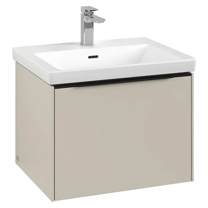 Villeroy & Boch Subway 3.0 Waschbeckenunterschrank - Cashmere Grey, Anzahl Schubladen: 1 Stk., Farbe Griff: Volcano Black, B x T x H: 57,2 x 47,8 x 42,9 cm, Mit Beleuchtung - Ein moderner Waschtisch mit einem Unterschrank in einer neutralen Farbe und einer schlichten Armatur. Ideal für jedes Badezimmer.