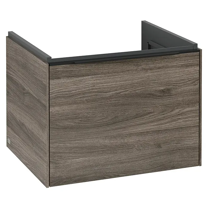 Villeroy & Boch Subway 3.0 Waschbeckenunterschrank - Stone Oak, Anzahl Schubladen: 1 Stk., Farbe Griff: Volcano Black, B x T x H: 57,2 x 47,8 x 42,9 cm, Mit Beleuchtung - Abbildung eines modernen Unterschranks mit einer Holzstruktur und einer grauen Oberseite für Badezimmer oder ähnliche Räume.