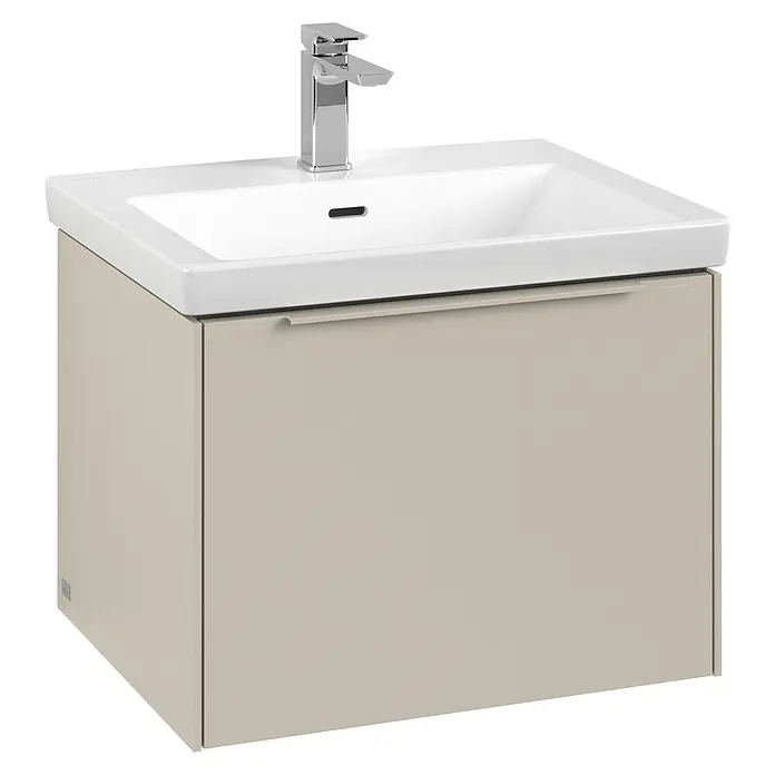 Villeroy & Boch Subway 3.0 Waschbeckenunterschrank - Cashmere Grey, Anzahl Schubladen: 1 Stk., Farbe Griff: Monochrom, B x T x H: 57,2 x 47,8 x 42,9 cm, Mit Beleuchtung - Das Bild zeigt einen stilvollen Waschtisch mit einem modernen Wasserhahn und einem Unterschrank in einer neutralen Farbe.